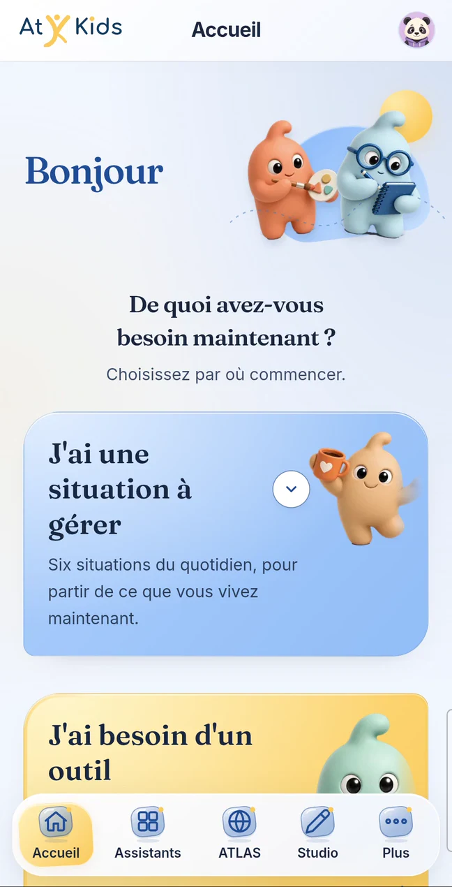 L’accueil et les six assistants de l’application